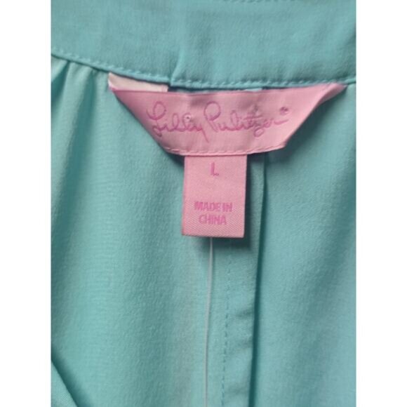 Lilly Pulitzer 100% Silk Rogan Shorely Blue The Catch Stripe Engineer Top New L - Picture 2 of 4
